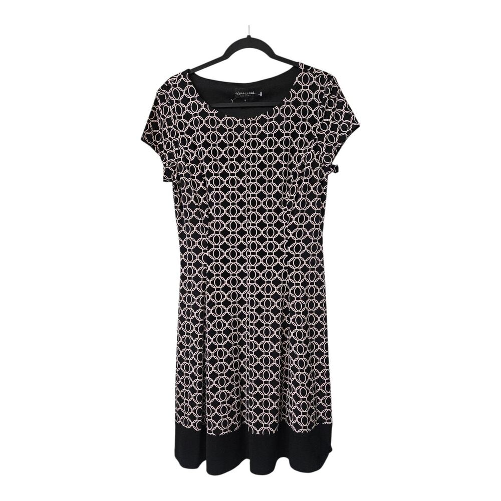 Connected Apparel Dress Size 10 Black Pink Stretch S/S Cap Sleeves Geometric